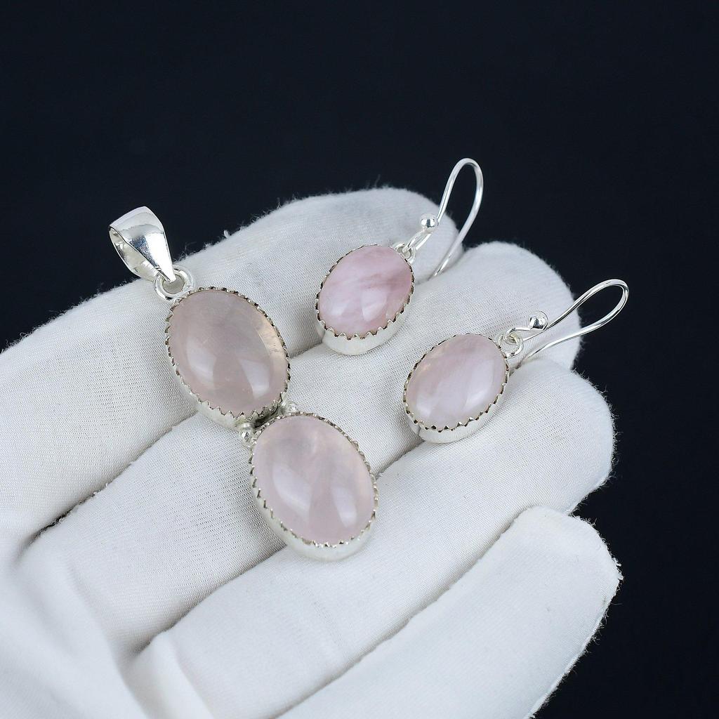 Natural Rose Quartz Pendant Set, Rose Quartz Gemstone Handmade 925 Sterling Silver Earring Pendant Set For Women Pendant Party Wear Gift