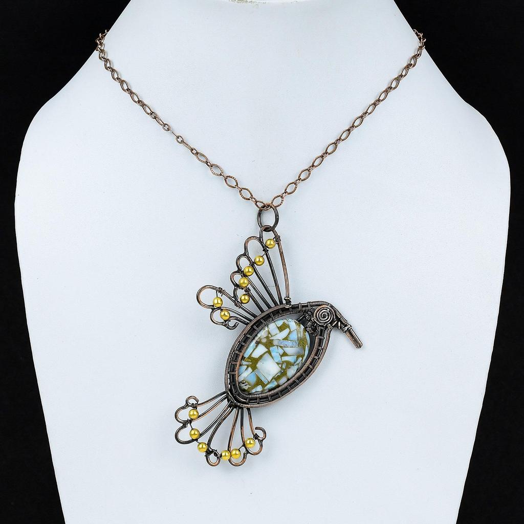 Медный кулон-ларимар, обернутый медной проволокой, кулон с драгоценным камнем. Изысканные медные украшения, кулон-птица. Кулон ручной работы. Ларимар. Ювелирный подарок для нее.