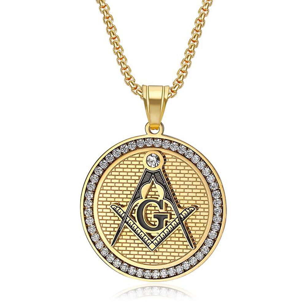 Punk Fashion Masonic Symbol Pendant Gold Color Stainless Steel CZ Mason Round Necklace for Men Vintage Jewelry Male Gift 2025