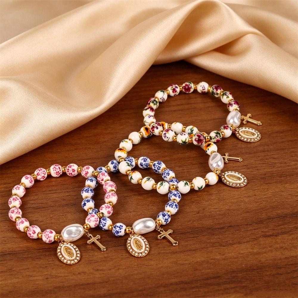 Metal Beaded Elastic Beads Bracelets Bow Ceramics Bracelet Trendy Women Bangle Girls
