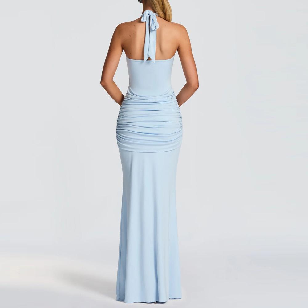 2026 Европейское и американское spliced ribbon camisole halterneck slim fit длинное платье