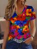 2025 New Summer Women's Floral Print T-shirt V-neck Short Sleeve Street Casual Daily Basic Tops Women's Summer Pullover