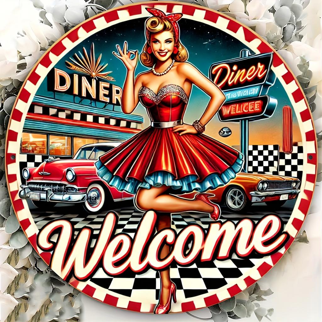 Vintage Aluminum Welcome Sign Retro Diner and Classic Car Design x inch Tin Art Wall Decor for Home Bedroom