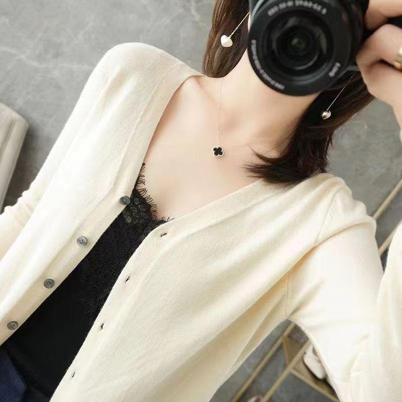 Women's V-Neck Knitted Cardigan Loose Slim Plus Size Sweater All-match Jacket Solid Color Basic Small Cardigans for Spring Autumn