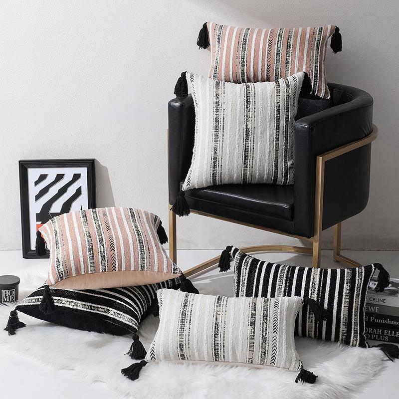 Dyed Jacquard Striped Geometric Tassel Pillow Cover