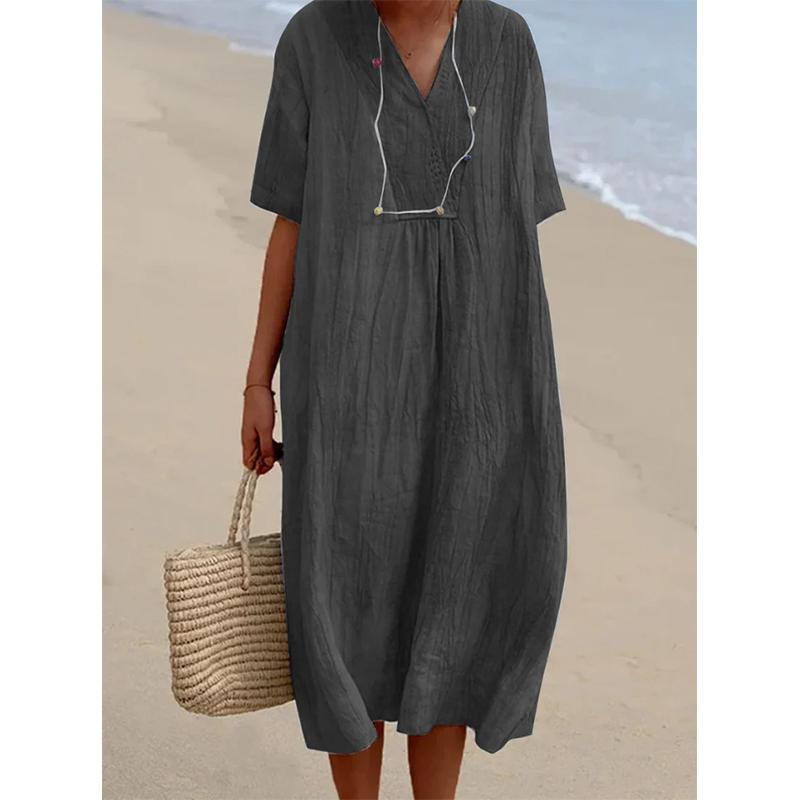 Summer Literary Vintage Cotton Linen Dress Female Short Sleeve Loose Casual Robe Women Solid Color Vestidos