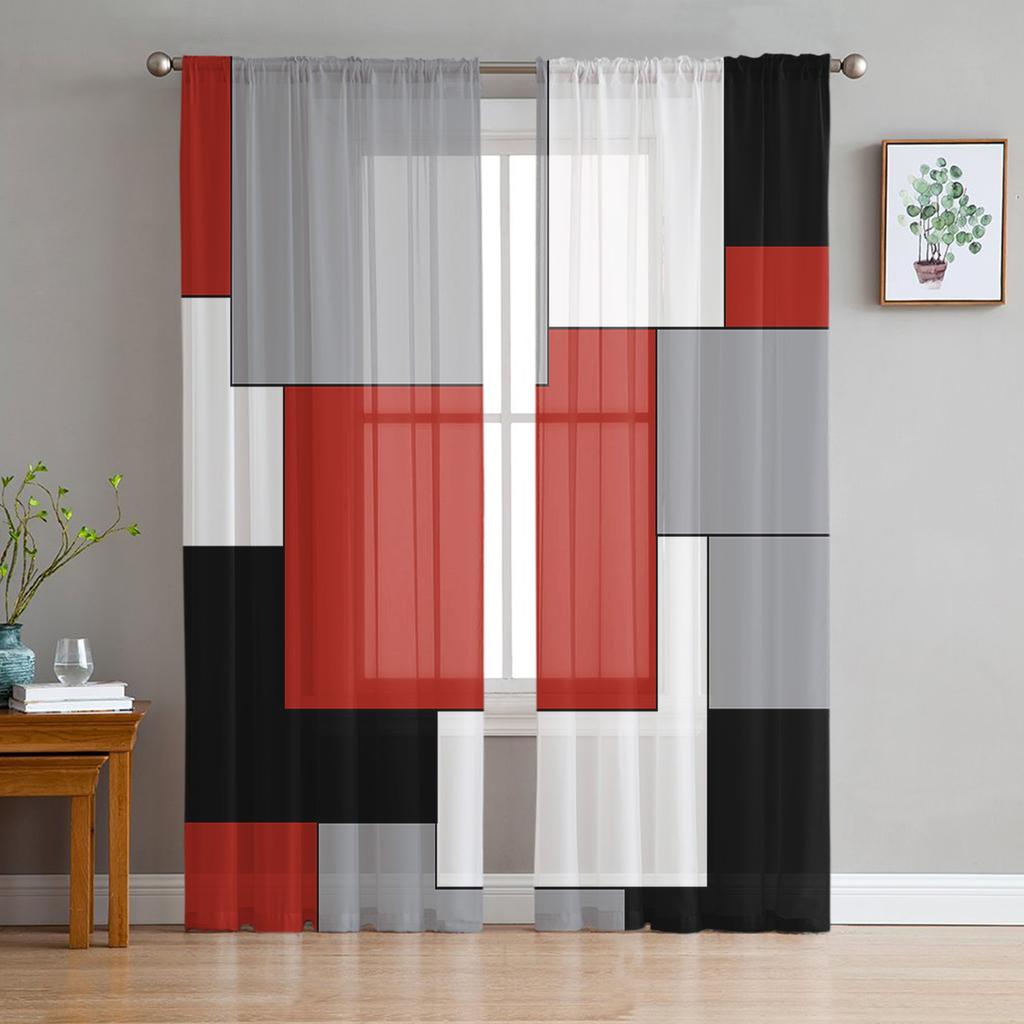 Black Grey Patchwork Abstract Art Sheer Curtains for Living Room Decoration Window Curtains Kitchen Tulle Voile Organza Curtains