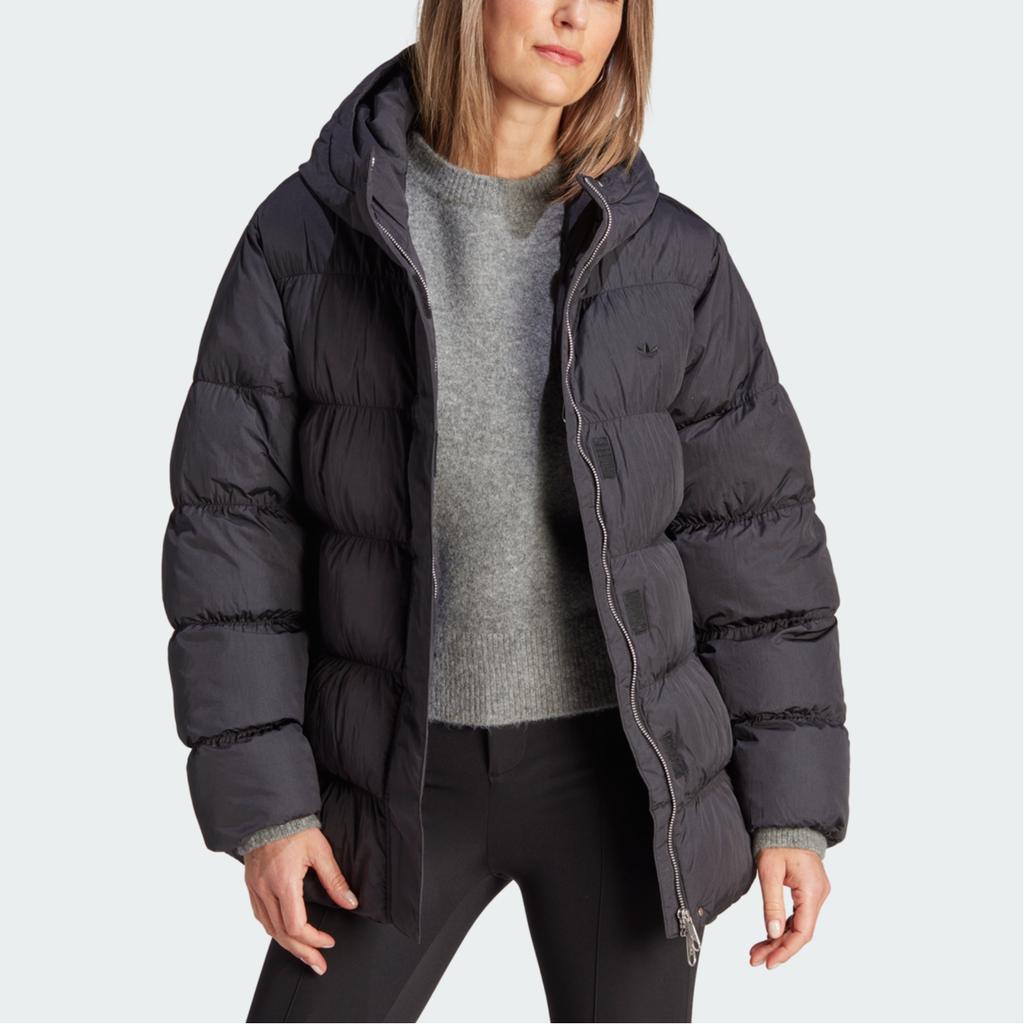 Adidas Оригинальная однотонная стеганая хлопковая куртка с микрологотипом, карманом в одну линию, застежкой-молнией и капюшоном, с двумя застежками, женская куртка черного цвета II8467