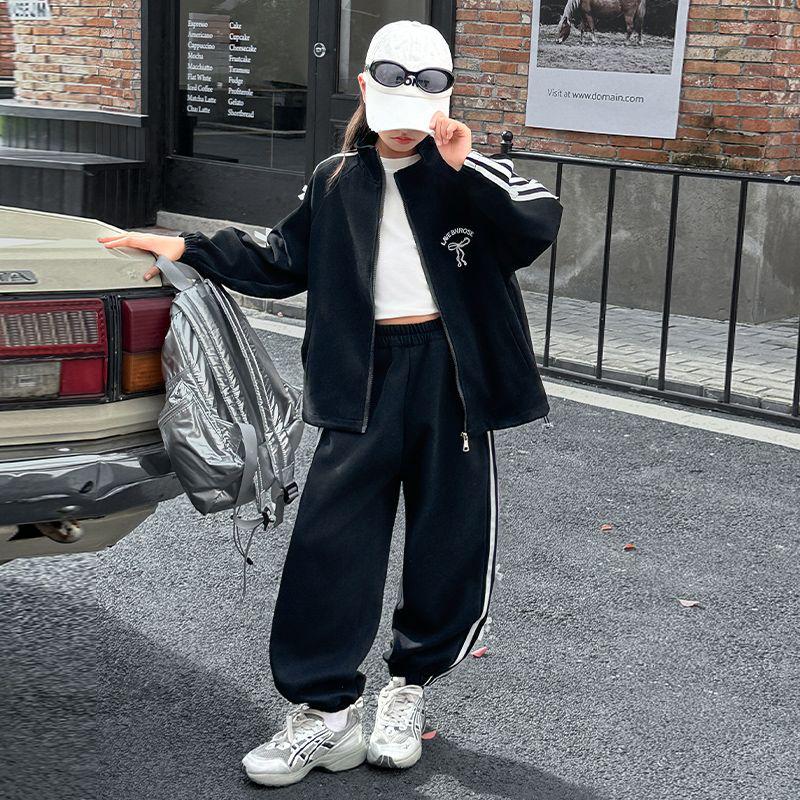 Полосатый кардиган спортивный костюм для девочек – длинный рукав, два предмета на осень