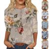 Women's Fashion Casual 3/4 Sleeve Floral Button Printed Round Neck Pullover Top Casual Clothing