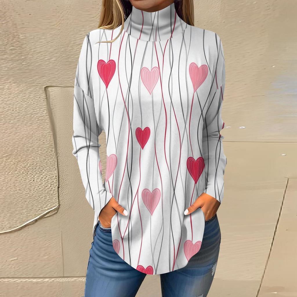 Футболки для женщин, осенние повседневные рубашки с длинным рукавом, толстовка с принтом, топ с высоким воротом, пуловер