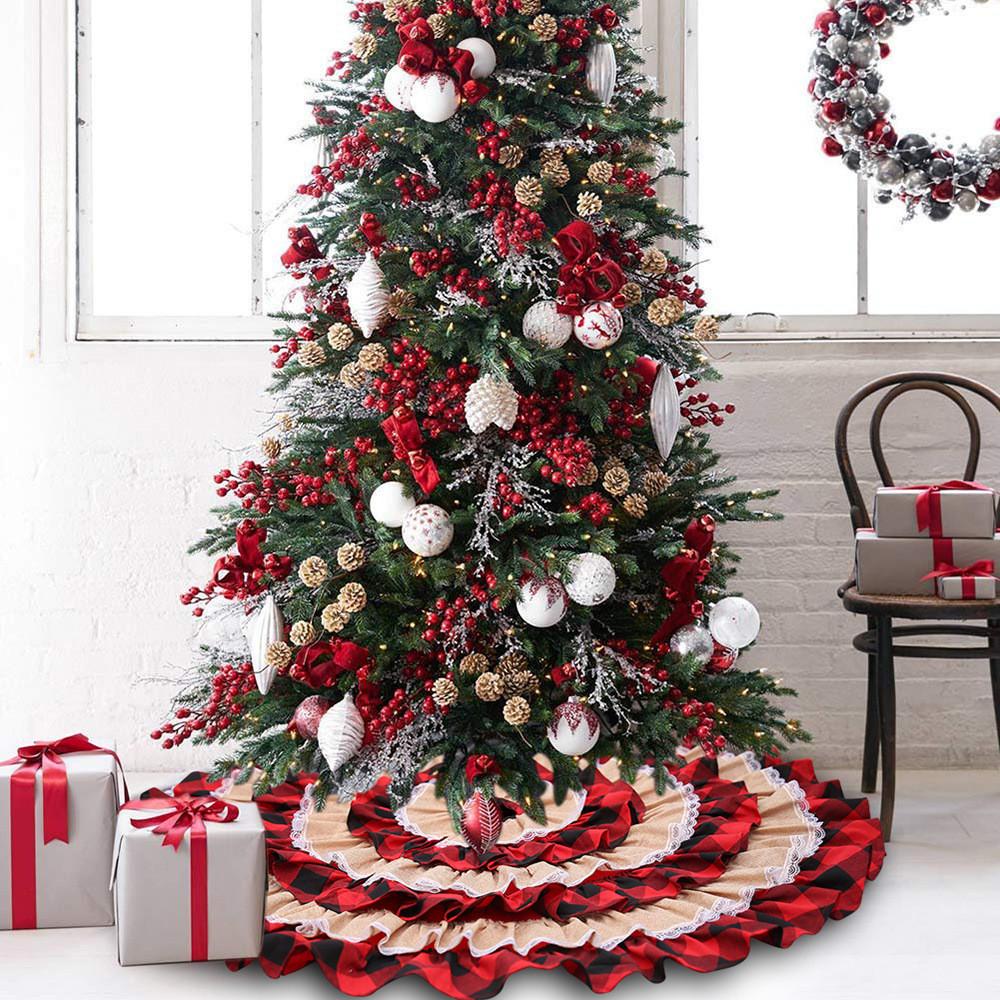 Luxurious Holiday Decoration Checked Burlap Cake Tree Skirt For Christmas 116cm