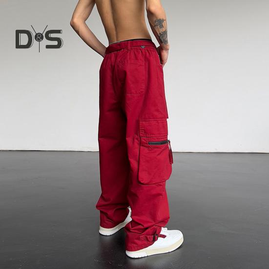 Мужские брюки-карго с большим карманом в стиле хип-хоп, широкие свободные винтажные брюки с эластичной резинкой на талии, длинные брюки с глубоким шаговым швом