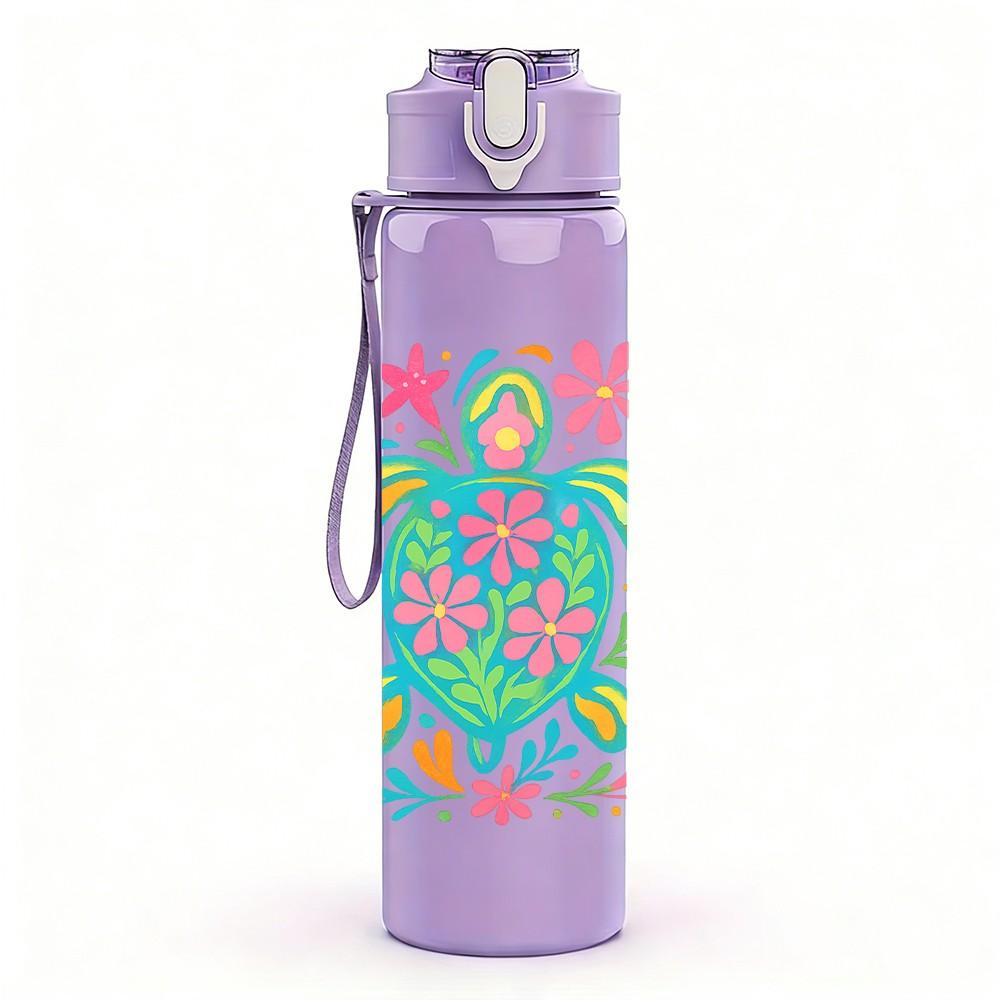 1PC Colorful Turtle Floral Pattern 750ml Color Plastic Sports Water Bottle Leakproof Flip Straw Lid Suitable for Sports Office Home Use