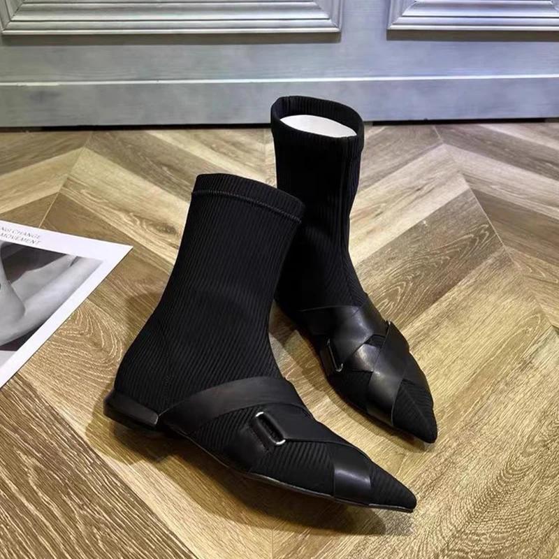 Fashion Pointed Toe Women Mid Calf Chelsea Boots Flats Shoes 2024 Winter Designer New Walking Shoes Sexy Fashion Dress Mujer Zapatos