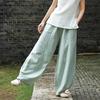 Women Vintage Elastic Waist Cotton Linen Wide Leg Full Length Pants Autumn Solid Color Pockets Loose Pants