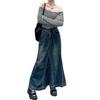 Women Skirt A-line Big Swing Denim Retro Pockets Patchwork Solid Color High Waist Button Zipper Closure Ankle Length Ripped Edge Lady Maxi Skirt