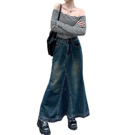 Women Skirt A-line Big Swing Denim Retro Pockets Patchwork Solid Color High Waist Button Zipper Closure Ankle Length Ripped Edge Lady Maxi Skirt