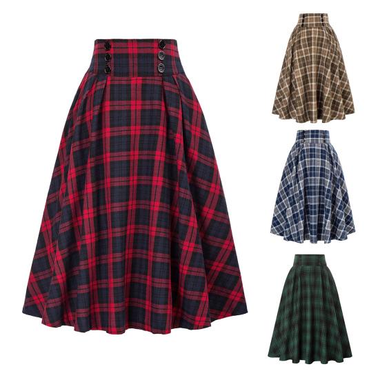 Женская юбка миди в клетку с завышенной талией А-силуэта, с широким подолом, создающая стройнящий эффект, осенне-зимняя юбка