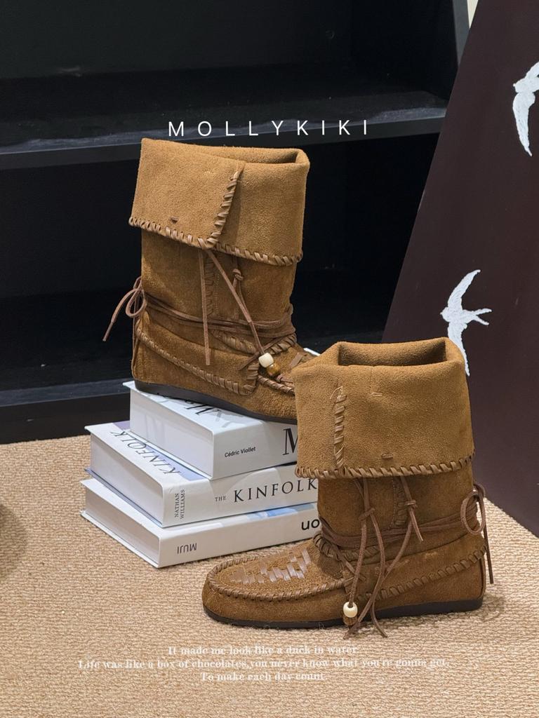 Retro Tassel Strap Western Boots 2025 Autumn New Leather Slim Boots Can Be Folded Stack Boots Martin Boots