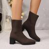 Women's Winter Knit Slip-On Chunky Heel Ankle Boots - Elastic Square Toe Round-to-Point Closure,Soft Fabric Lining & Arch Support