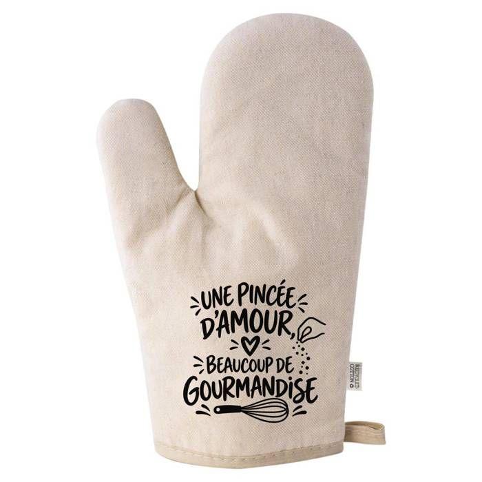 Gant de Cuisine Beige Une pincée d'amour, beaucoup de gourmandise | Coton Recyclé 280 g/m² 17 × 26 cm Dos Matelassé | Taille Unique