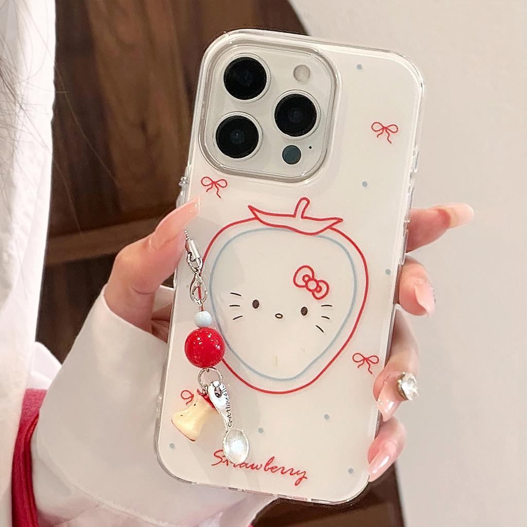 Cute Strawberry Cat Apple 16 Mobile Phone Case Applicable To 17pro Max Pendant IPhone 13 Hard 14 Korean