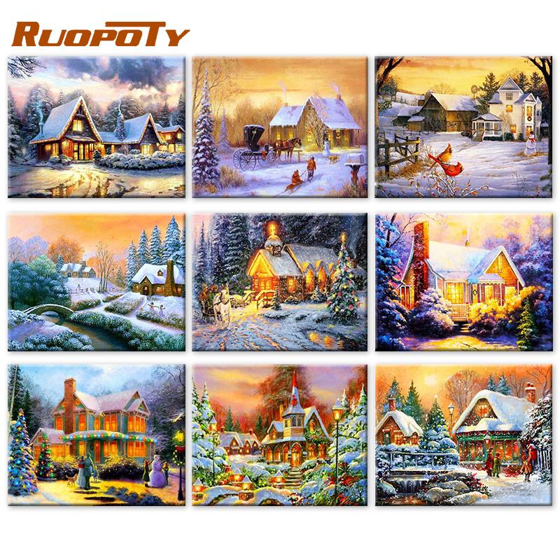 RUOPOTY Картина по номерам Зимний пейзаж Ручная роспись Художественный подарок DIY Картина по номерам Рождественские наборы Украшение дома