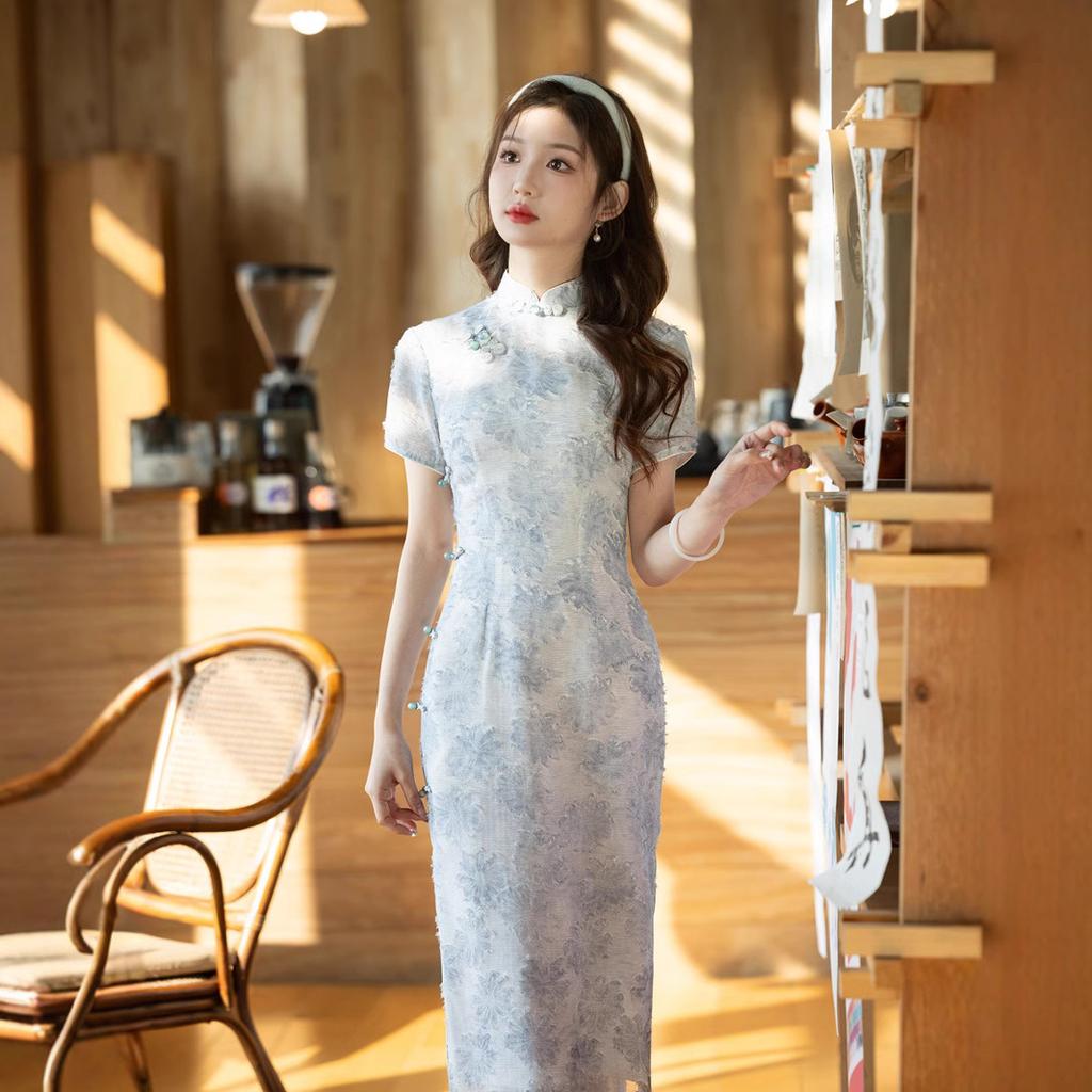 Literary and fresh improved cheongsam women's retro printing national style young new Chinese floral dress daily blue