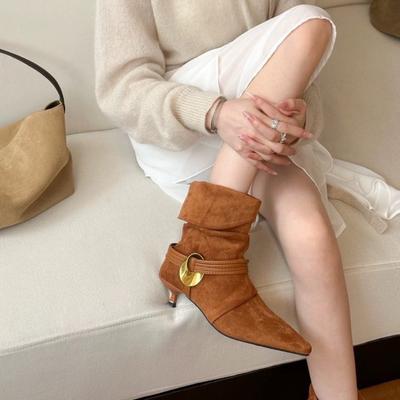 Мода 2025 Осень и Зима Новые Женские Короткие Ботильоны на Тонком Каблуке, Европейская и Американская Мода, Заостренный Носок, Низкий Каблук, Плюс Ботильоны до Щиколотки
