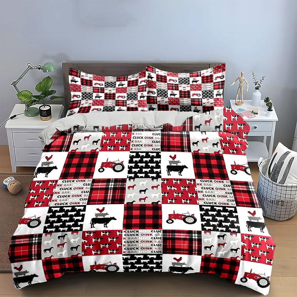 Farm Animal Buffalo Plaid Bedding Set 3pcs,Cow & Tractor Print Duvet Cover,Rustic Country Bed Linen for Kids Bedroom,Home Decor