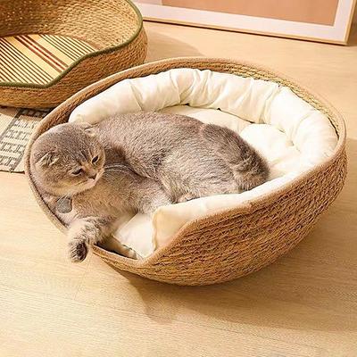 Ручная работа Плетеная из лозы Кошачье гнездо Корзина-лежанка для кошек Всесезонная Внутренняя Съемная Моющаяся спальное место-гнездо для домашних кошек Когтеточка