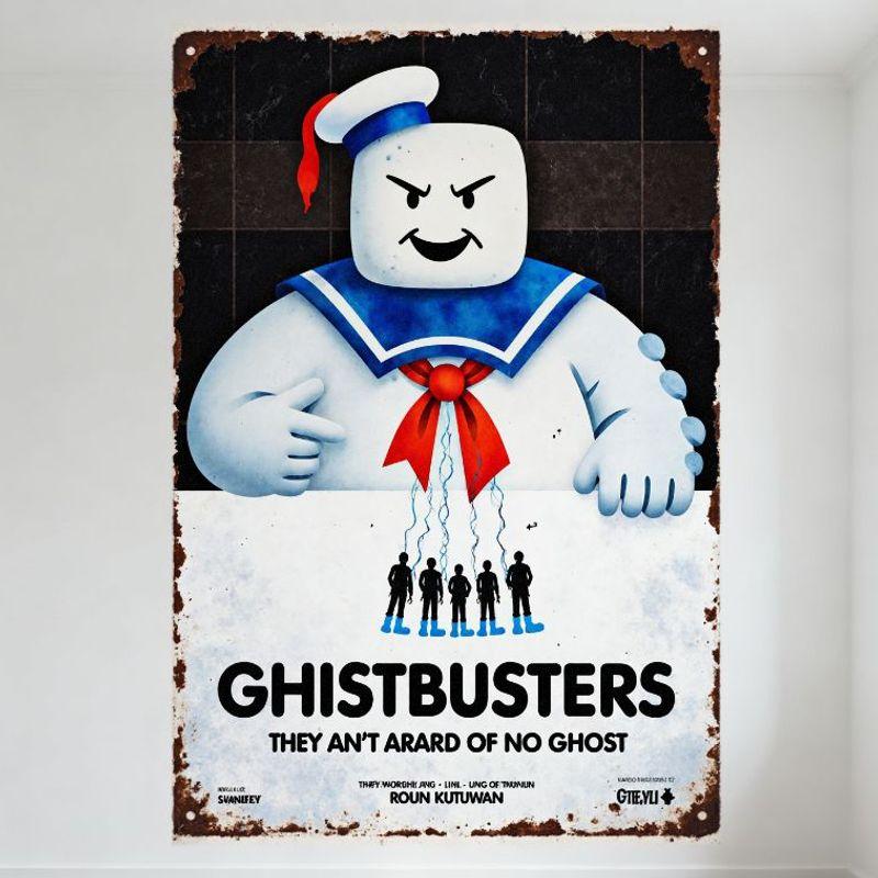 Охотники за привидениями Зефирный человечек Stay Puft Винтажная металлическая жестяная табличка Потертый ретро киноплакат Настенная табличка Домашний бар Кафе Мужская берлога D