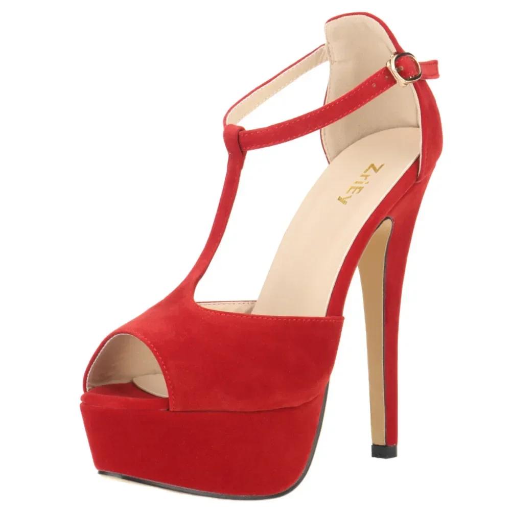 Новые женские босоножки на платформе из замши на высоком каблуке 14 см, сексуальные туфли-лодочки с открытым носком и ремешком на щиколотке, туфли-лодочки с Т-образным ремешком для вечеринки и свадьбы