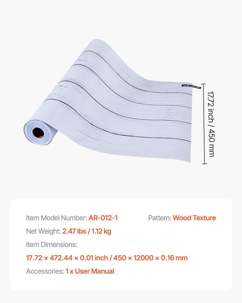 Peel and Stick Wallpaper, 45cm x 12m Contact Paper White Wood Textured Waterpoof Self Adhesive, Easy to Clean & Peel Wall Decorative Vinyl Roll for