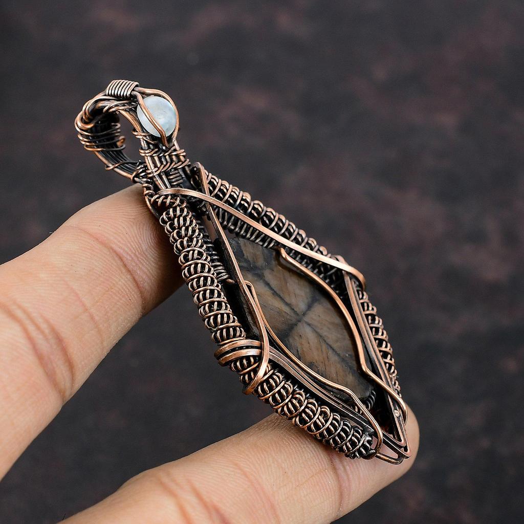 Chiastolite Pendant Copper Wire Wrapped Pendant Genuine Gemstone Pendant Copper Wire Wrap Jewelry Handmade Pendant Rainbow Moonstone Jewelry