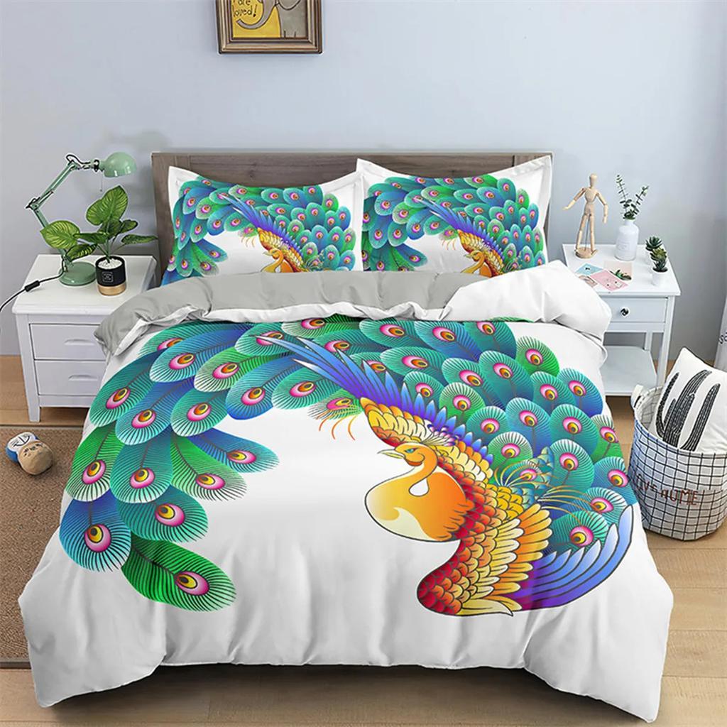 Dark Blue Peacock Feather Duvet Cover Feather Elegant Theme Chic Floral Quilt Cover for Women Teen Boys Girls Bedroom Decoration