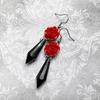 Victorian-Style Black Teardrop Earrings with Red Roses