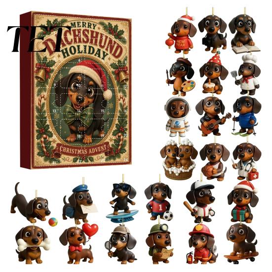 Acrylic Dog Hanging Ornaments 2026 Christmas Advent Calendar Dachshund Ornament Set, Countdown Decor with 24 Mini Figures, 2D Pendant for Tree