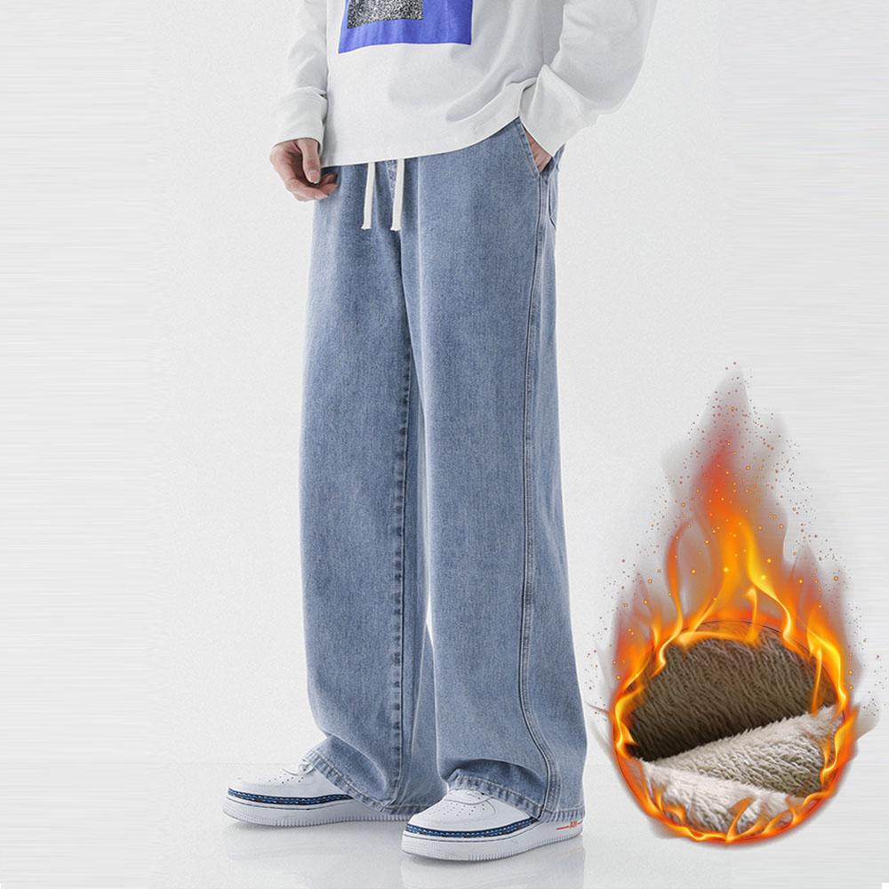 Тонкие / толстые повседневные мужские джинсы Plus Velvet 78% Cotton Drawstring Denim, мешковатые широкие брюки, прямые брюки, спортивные штаны для мужчин в стиле хип-хоп