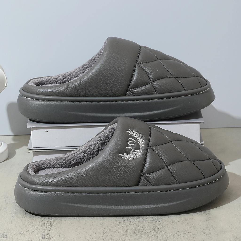 Кожаные хлопковые тапочки для пары осень-зима домашнее тепло домашние комнатные нескользящие на толстой подошве плюшевые тапочки мужские