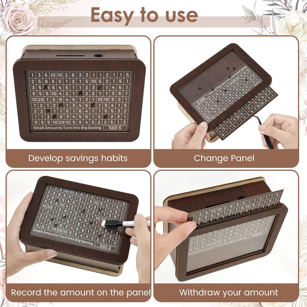 Money Wood Box Piggy Bank Wood Money Bank Large Capacity Cash Savings Box with Saving Goal Numbers Money Boxes Home Decorations