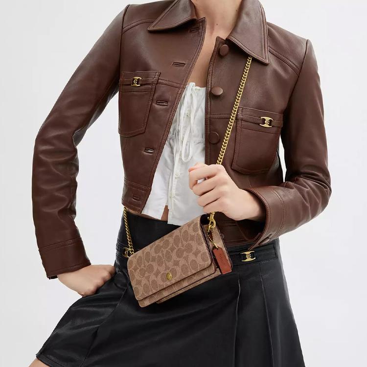 New COACH Coated Canvas Wallet Trumpets Women's Tan With Caramel CZ482-B4XHG