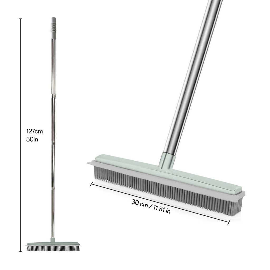 Rubber Broom Carpet Rake with Squeegee Adjustable Length for Pet Hair Fur Remover Broom for Fluff Carpet Hardwood Floor No Scra