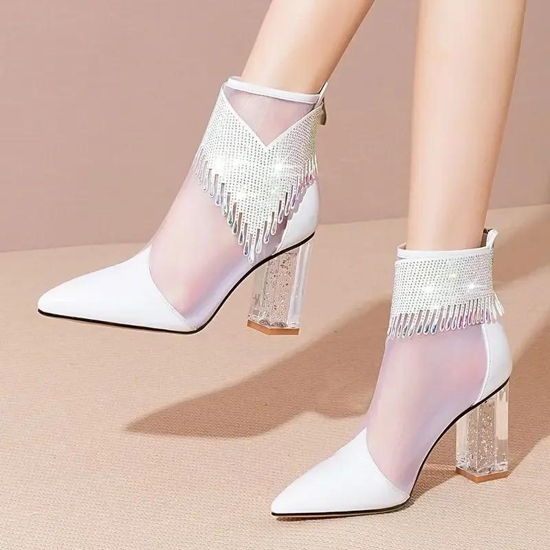 Fashion Summer Fashion Boots Women 2024 New Glitter Rhinestone Ladies Pointed Toe Chunky Heel Shoes Dress Party Female Mesh Sandals