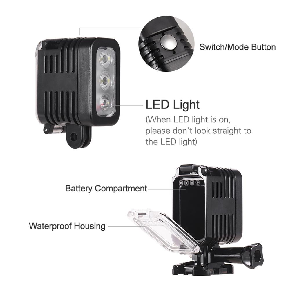 Waterproof LED Video Light Diving Light 5500 6000K 300Lux Underwater 30m Wide Angle Micro USB Charging for GoPro Hero 7