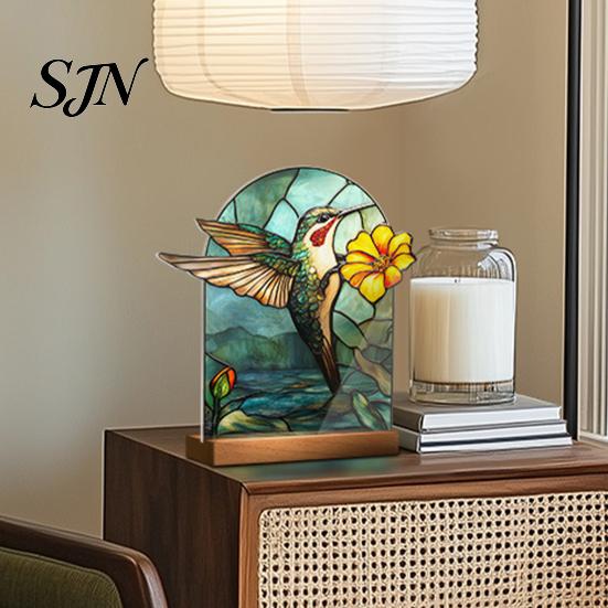 Stable Wooden Base Decoration Stained Glass Style Acrylic Table Centerpieces, Floral & Landscape Pattern Durable Desk Ornament Tabletop Sign with Wood