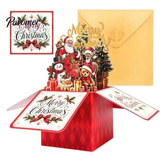 Handmade Style Xmas Cards Pop Up Christmas Card with Envelope And Note Card, Merry Gift Envelopes Holiday Greeting for New Year, Party Favors