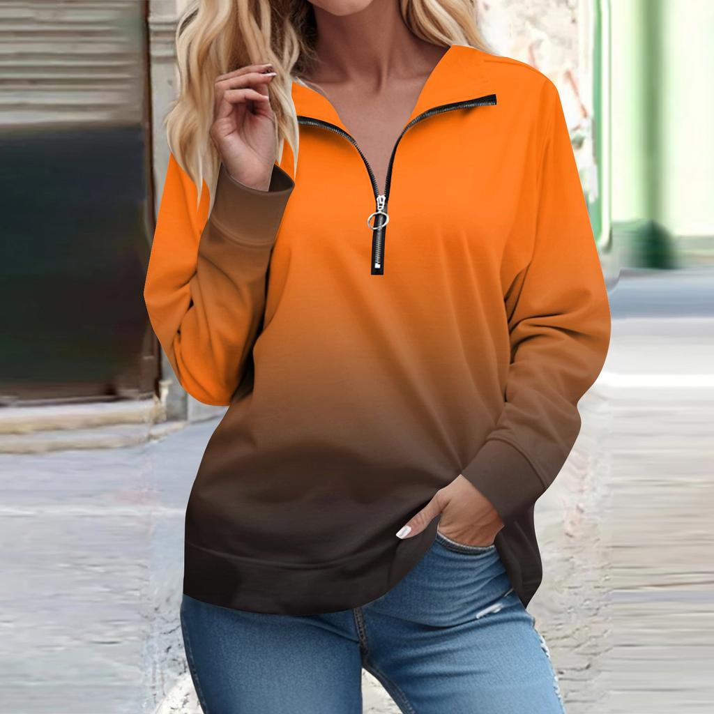 Рубашки на молнии с длинным рукавом для женщин Градиентная печать Графические футболки Блузки Повседневные топы Пуловер