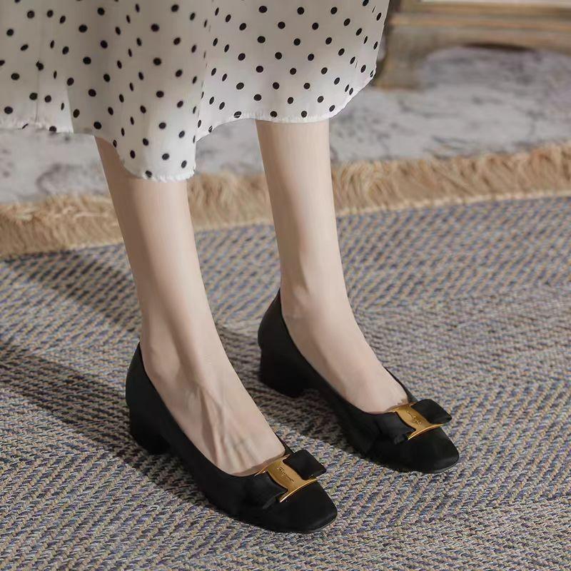 Newest Fashion Metal Buckle Leather High Heels Spring  Autumn Cowhide Women's Shoes Soft Comfortable Work Shoes Zapatos Mujer